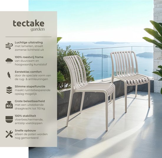 tectake® Set van 2 Tuinstoelen Alcudia - Taupe - Kunststof Stoelen - Stapelbaar - Stoelen voor Tuin, Terras of Balkon - Weerbestendig en UV-bestendig - Draagkracht 120kg per Tuinstoel