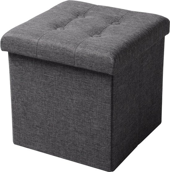 WOLTU Poef voetenbank met deksel in Linnen,Opbergkruk opvouwbare 37,5x37,5x38cm,Donkergrijs