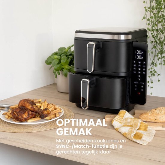 Nexxt - Double Stacked Airfryer - 11 l Inhoud - Zwart & RVS - 12 Kookprogramma's - Gestapeld Model - Ruimtebesparend & Dubbele Lade