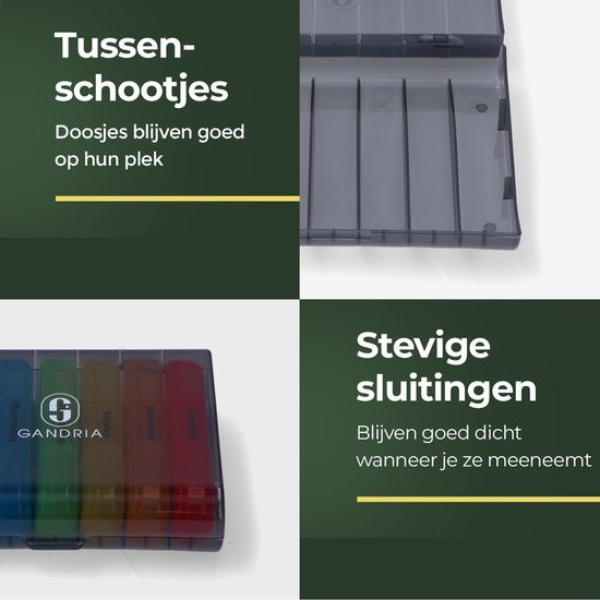 Gandria Pillendoos 7 Dagen - Uitneembaar Pillendoosje - Medicijndoos met 21 Compartimenten - Medicijndoos met Stevige Sluiting - 3 Vakken per Dag - 7 Kleuren