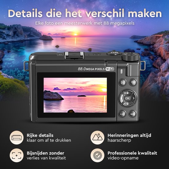 K&L - 8K 88MP - 18X Zoom - 128GB SD - WiFi - 3.0" UHD-display - mic-poort - Fotocamera - Compact Camera - Vlog Camera