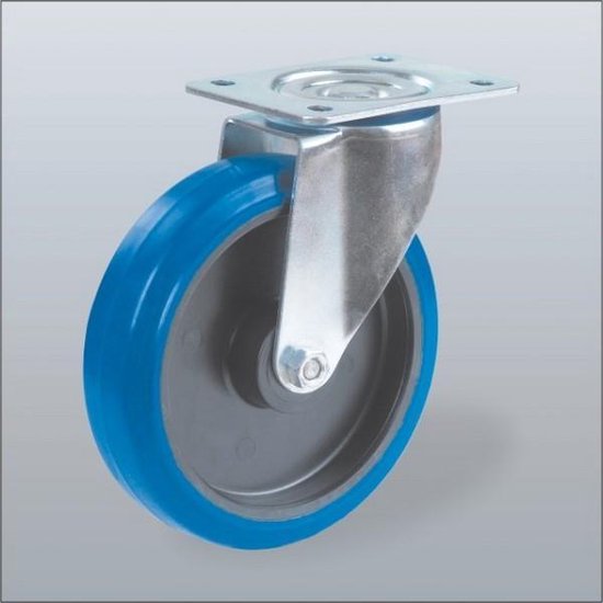 Blauw elastisch rubber zwenkwiel met topplaat - 125mm - 180kg