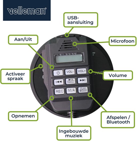 Velleman Krachtige 50 W megafoon met ingebouwde sirene, opname van 700 seconden, volumeregeling, Bluetooth, handmicrofoon en usb-aansluiting, bereik: max. 1200 m, mat zwart