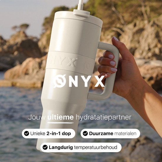 ONYX Drinkfles met Rietje 1 Liter - Waterfles voor Kinderen & Volwassenen - Thermosbeker RVS Travel Mug - Motiverende Drinkbus - Drinkbeker voor School - Coco White