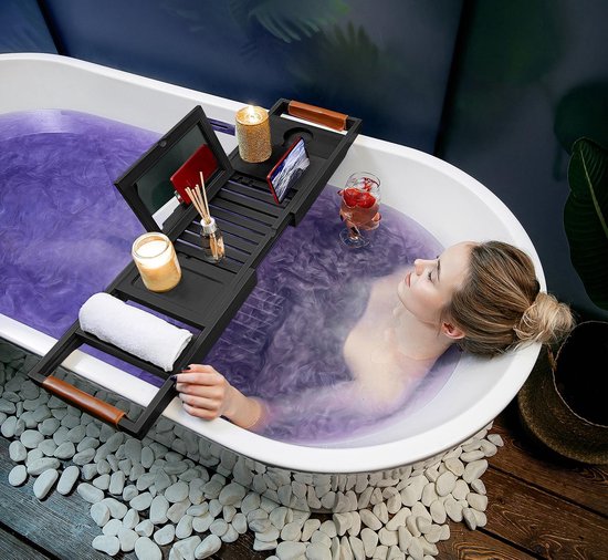 RelaxTub® Badplank - Badplank voor in Bad - Badrek - Verstelbaar - Anti Slip - Badplank Zwart - Badplank Hout - Badrekje inclusief Boekenhouder, Tablethouder & Spiegel