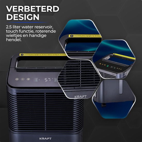 Kraft Luchtontvochtiger - 16L per dag - Was-droog Functie - Ontvochtiger voor Slaapkamer, Badkamer, Woonkamer - Dehumidifier - Antraciet