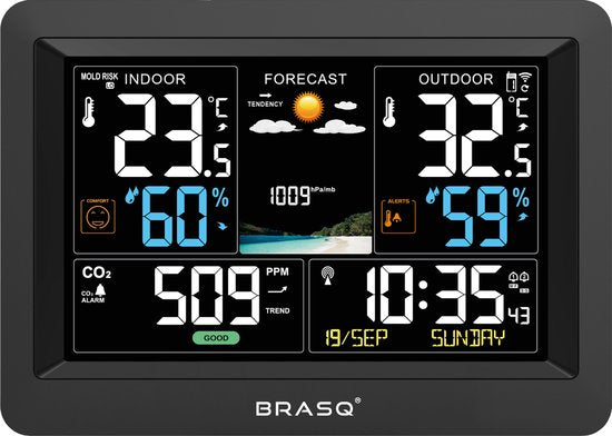 BRASQ Draadloos Weerstation binnen en buiten met CO2 meter - Hygrometer - Met buitensensor tot 60 meter - Luchtvochtigheidsmeter - Thermometer - Barometer - inclusief batterijen
