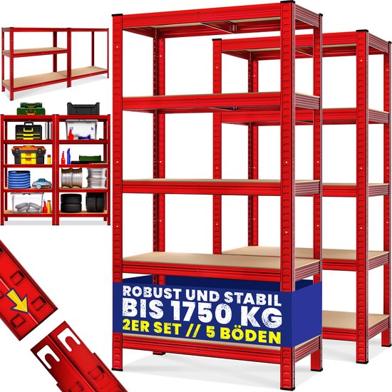 Stellingkast Set van 2 – 180x90x40cm Belastbaar tot 1750kg - Rood