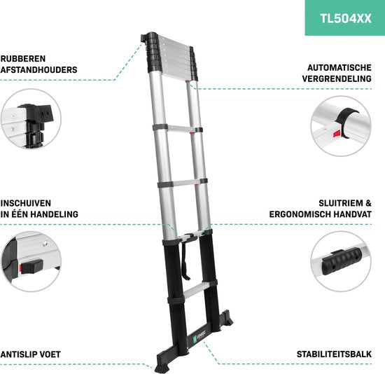 VONROC PRO telescoopladder - 3,20 meter - goedgekeurd volgens EU - en NL veiligheidsnormen - softclose - geïntegreerde muursteunen en dwarsbalk voor meer grip en veiligheid