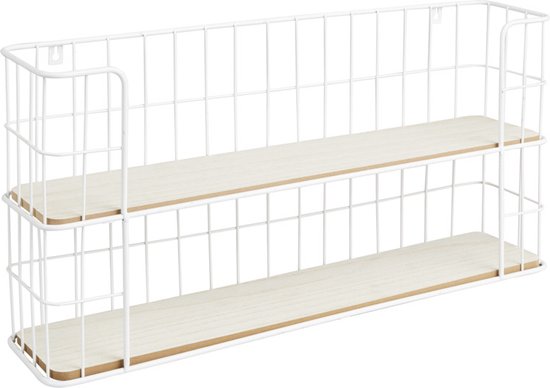 Lifa Living - Wandrek Malaga - Industrieel Bakkersrek - Rechthoekig Kruidenrek - Wit - Metaal & MDF Hout - Muurrek voor Woonkamer, Slaapkamer en Kantoor - 66,5 x 14,3 x 33,6 cm