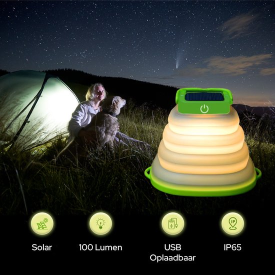 Tech Essentials Solar LED Lantaarn - Opvouwbaar - Groen - Tentlamp - Led Lamp Oplaadbaar - Kamperen - Nood - Storm - Hanglamp - Zonne Energie