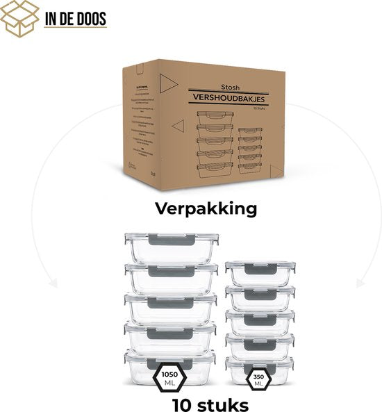 Stosh Meal prep bakjes - Vershoudbakjes - Diepvriesbakjes - 10 Stuks - 5x1050ML & 5x350ML - BPA vrij - Glas