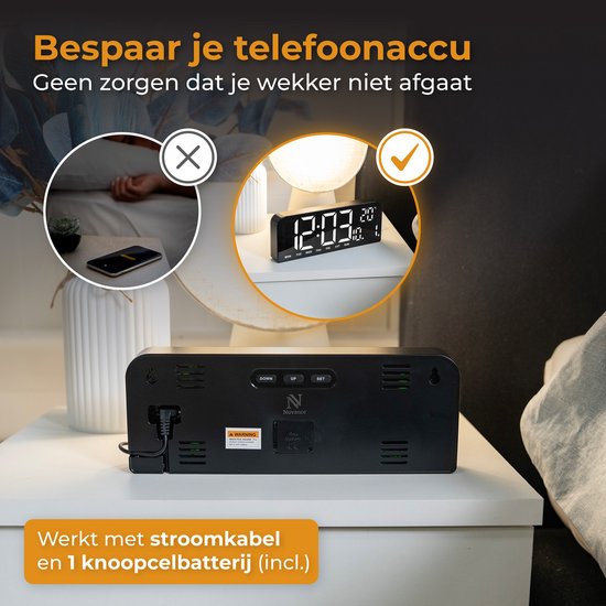 Nuvance Digitale Wekker - Digitale Klok - Reiswekker voor Kinderen & Volwassenen - Alarmklok - LED Wekkers Digitaal