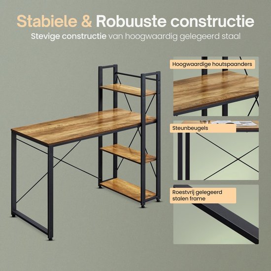 O'DADDY® Bureau met Verstelbare Voeten - Bureautafel - Computertafel - Game Bureau - Gaming Desk Klein - Bureaublad Meubel - 120 x 60 cm - Boekenrek - Computerbureau - Bruin