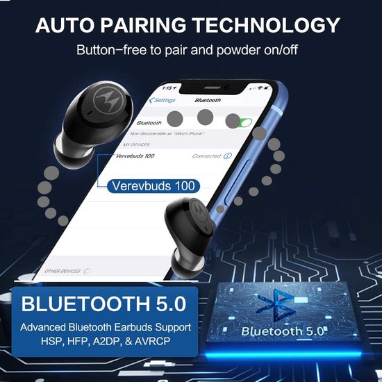 Motorola Oortjes VerveBuds 100 - Draadloos - met Microfoon - Zwart