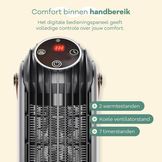 Zenwave Elektrische Kachel met Display - Compacte 1500W Ventilatorkachel - Heater met 2 Warmtestanden en 1 Ventilatorstand - Verwarming Electrisch voor Binnen en Buiten - Zwart