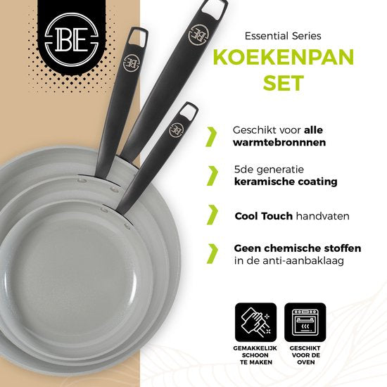 BE Living 3-delige Koekenpannenset - Ø 20, 24 & 28 cm - Bakpan - Keramisch - PFAS Vrij Anti Aanbak - Inductie Pannenset - Wit - Essential Series