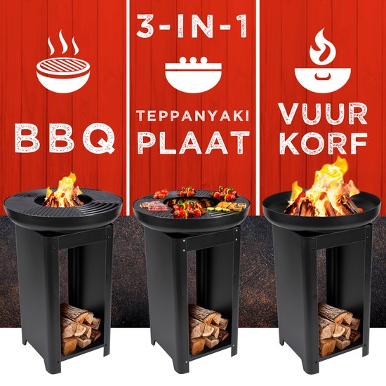 BBQ Collection 3-in-1 Vuurkorf en Grillplaat - Tuinhaard 61 x 90 cm - met Teppanyaki Bakplaat - Plancha BBQ met Brandhout Opslagplaats - Vuurkorf voor Buiten - Metaal