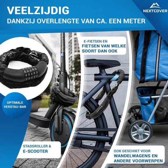 NEXTCOVER® Cijferslot Fietsslot - Het origineel - [SAFESECURE] Hoge veiligheid - Fietssloten met 5-cijferige cijfercode, cijferslot fiets staal - Fietsslot perfect voor e-bike - Kettingslot Zwart
