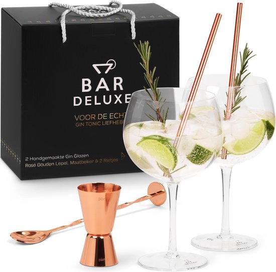 BarDeluxe® Gin Tonic Glazen - 500ml - Gin Tonic Geschenkset - Handgeblazen - Gin Glazen - 2 Stuks - Gin Set - Kristal - Cadeau voor Vrouw - Cadeau voor Man - Inclusief 2 Gin Glazen, Gin Tonic Lepel, Maatbeker, 2 RVS Rietjes & Receptenboekje