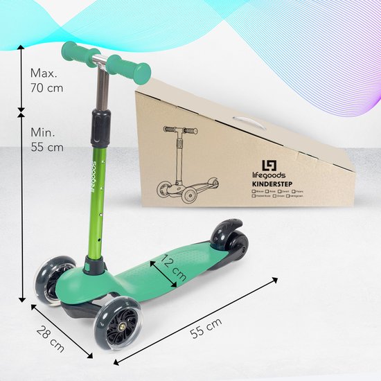 LifeGoods Kinderstep – 3 LED Wielen, Hoogte Verstelbaar – 55-69,5 cm – Muntgroen