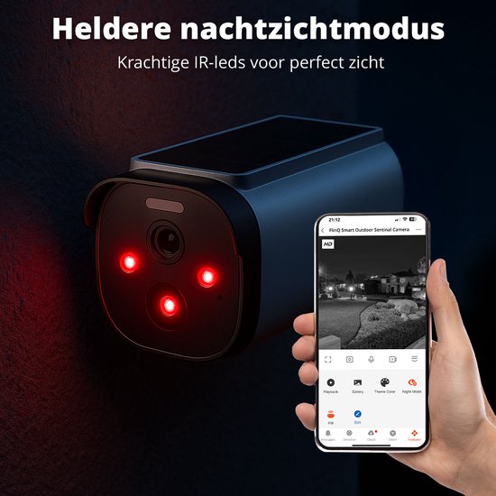 FlinQ Slimme Beveiligingscamera Sentinel - Oplaadbaar via USB & Zonne Energie - Buiten camera met zonnepaneel - Bewakingscamera voor buiten - 2K HD - Nachtzicht