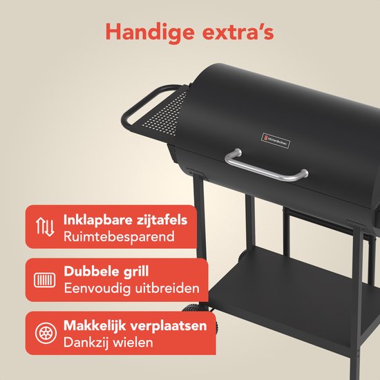 KitchenBrothers 2-in-1 Houtskool BBQ XL met Verstelbare Luchtroosters - Zwart - 52 x 131 x 110 cm