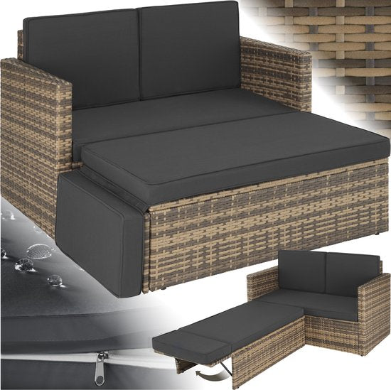 tectake® Wicker loungebank - Met voetenbank - Voor 2 personen - Loungebank met zit- en rugkussens - Weerbestendig - Ideaal voor terras, serren en balkon - Afmeting bank (LxBxH) 119 x 64,5 x 71,5 cm - Natuur