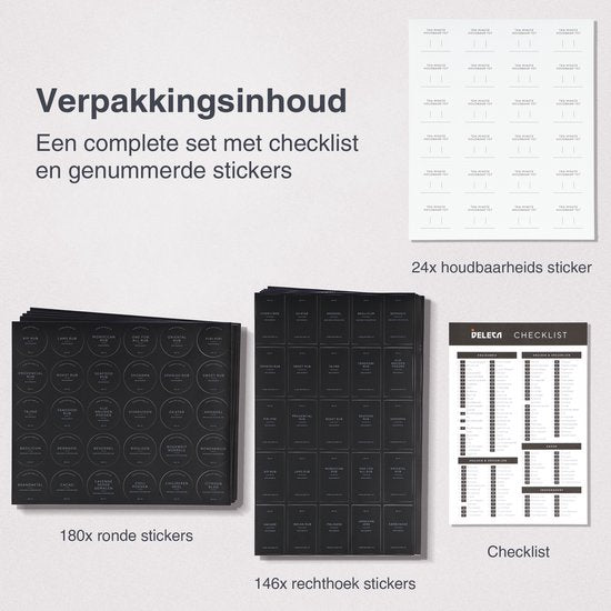 Deleca 180x Kruiden Stickers Voor Potjes - Ronde & Rechthoekige Labels - Voorraadpotten & Kruidenpotjes Etiketten - Waterdicht - Nederlands / Zwart
