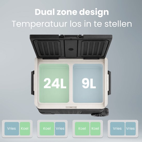 Auronic Elektrische Koelbox - Compressor - 2 Zones - 33L - 12/24V en 240V - Koelen en Vriezen - Camping Koelkast - Frigobox Auto - Met Wielen en Hendel - Zwart
