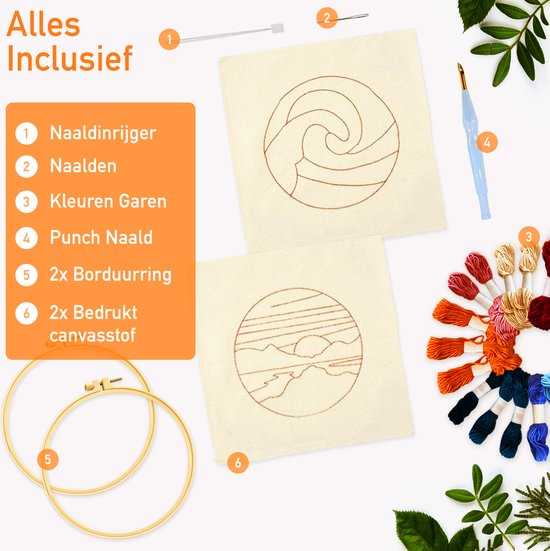 Happy Goods Punch Needle pakket 2 designs ZEEZICHT - Borduurringen met Borduurnaalden en Borduurgaren - 18 kleuren set – Compleet creatief hobby voorbedrukte borduurpakket voor volwassenen - hobby