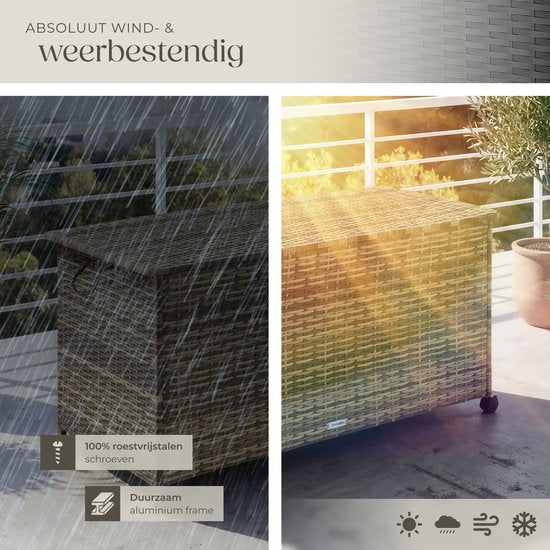 tectake® Wicker Opbergbox - 253 L - Kussenbox voor Buiten - Tuinbox - 116 x 54 x 64 cm - Weerbestendig en Afsluitbaar met Deksel - Verrijdbaar - Inclusief 2 Handgrepen, 2 Wielen met Rem en Gasveren - Tuinkist - Beige