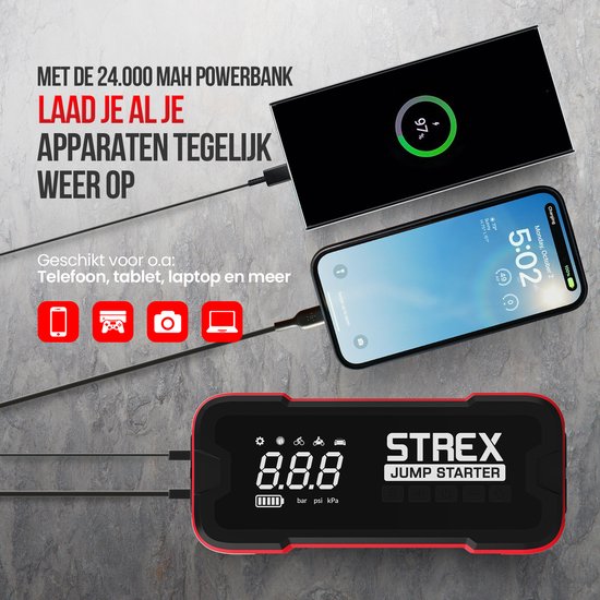 Strex - 12V Jumpstarter & Starthulp Met Compressor - 4000A - 24.000 mAh - 5-in-1 Functie Met Led-zaklamp & SOS - Inclusief Hardcover Tas - Kunststof - Zwart & Rood