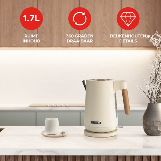 Bourgini Harmony - Waterkoker - RVS - Creme met echte beukenhouten elementen - 1.7L - Licht ontwerp