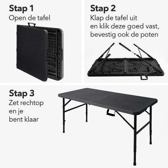 LifeGoods Inklapbare Tafel - 124x61,5 cm - Stevige Klaptafel - Weerbestendig - Inklapbare eettafel - Campingtafel - Vouwtafel voor Binnen en Buiten - Zwart houtnerf