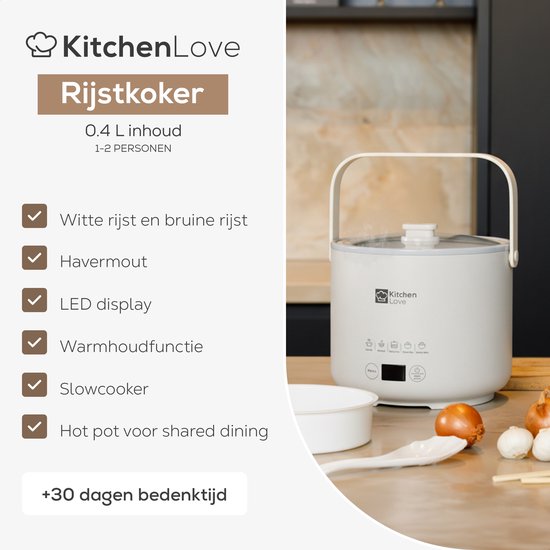KitchenLove Rijstkoker - 0.4L - Multicooker - Rice Cooker - Slowcooker - 1 tot 2 Personen - Klein - Créme Wit