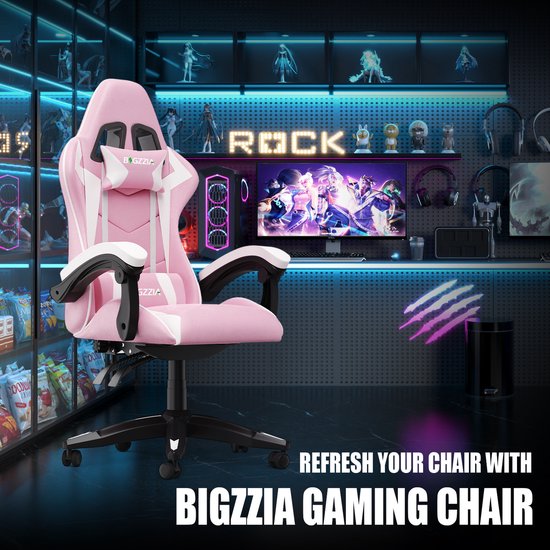 Bigzzia Gamingstoel - Ergonomische bureaustoel van PU-leer - In hoogte verstelbaar - Met lendenkussen en hoofdsteun - Comfortabele gamestoel voor volwassenen - Meisjes en jongens