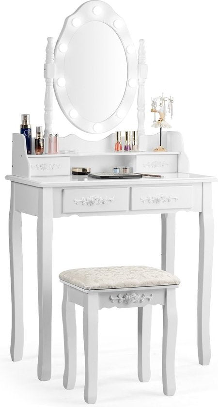 Coast Klassieke Kaptafel met Krukje - LED Lampen - Make up Tafel - 75 x 40 x 146cm - Wit