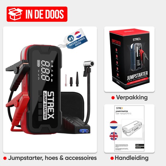 Strex - 12V Jumpstarter & Starthulp Met Compressor - 4000A - 24.000 mAh - 5-in-1 Functie Met Led-zaklamp & SOS - Inclusief Hardcover Tas - Kunststof - Zwart & Rood