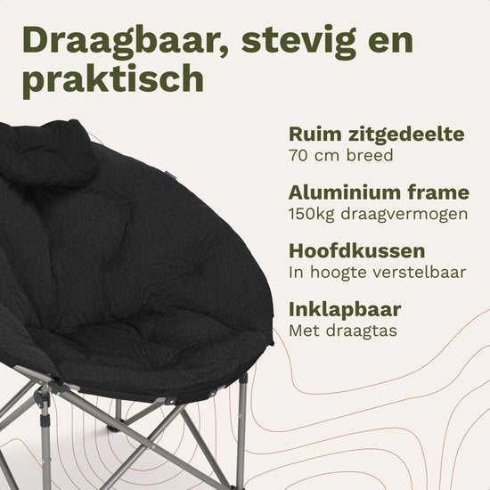 TRVLMORE Campingstoel XL - Opvouwbaar - 150KG Draagvermogen - Incl. Draagtas - Klapstoel - Kampeerstoel - Vouwstoel - Zwart