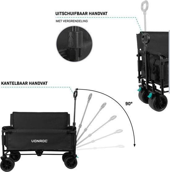 VONROC Bolderkar – Met zitfunctie – Opvouwbaar – 120 kg draagvermogen – 115l inhoud – Massieve anti-lek wielen – Stevig stalen frame – Polyester 600D - Zwart