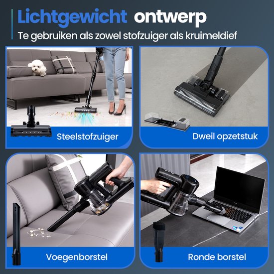 Steelstofzuiger G100M - 350W - Steelstofzuiger met Dweilfunctie - Steelstofzuiger Draadloos - 9-delige set met Buigbare Steel - 35kPa - Kruimeldief - Zwart - Saaf