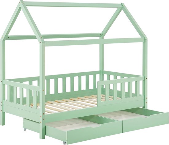 Juskys – Marli Kinderbed & Huisbed Met Bedladen – 90 x 200 cm – Voorzien Van Uitvalbeveiliging En Lattenbodem – Voor Jongens En Meisjes – Mint Grenenhout