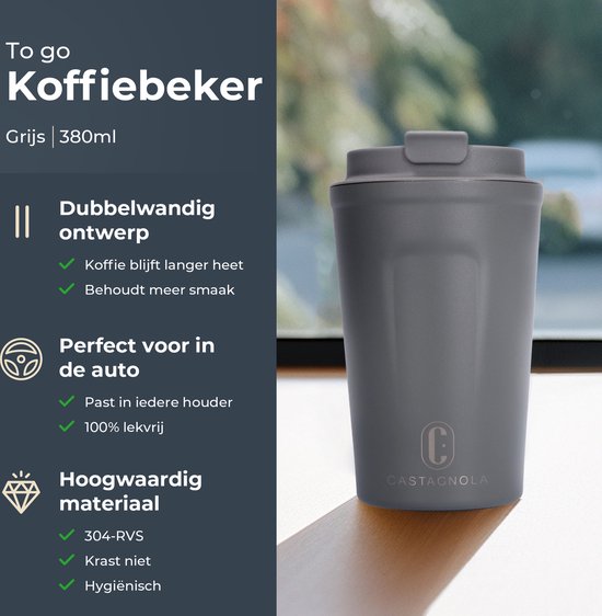 Castagnola Thermosbeker - Koffiebeker To Go - Travel Mug voor Koffie en Thee - Theebeker - 380 ML - RVS - Grijs