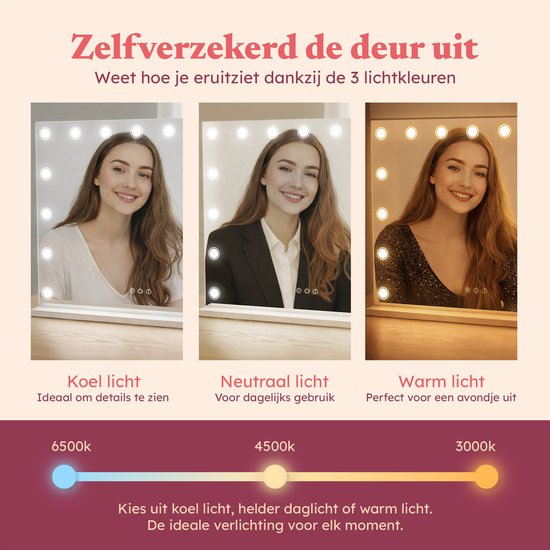 Fraay® Hollywood Spiegel met Verlichting 60x50cm - 3 Lichtstanden - Make Up Spiegel met 10x Vergrootspiegel - LED Dots Verlichting Dimbaar - Incl. 2 Beauty Blenders en Powder puff