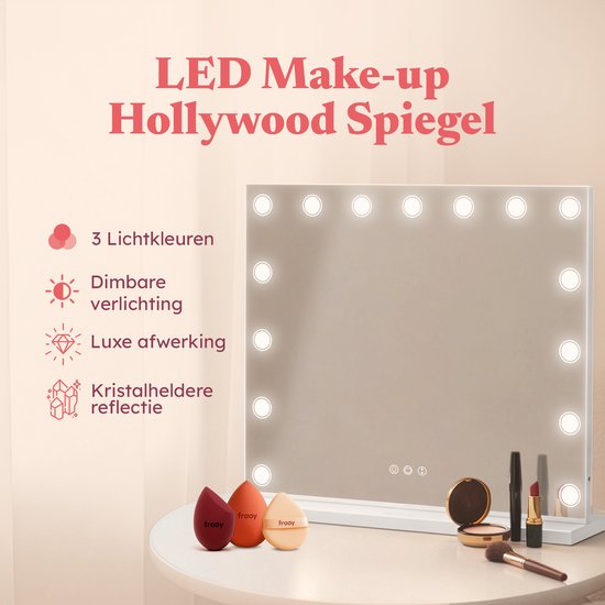 Fraay® Hollywood Spiegel met Verlichting 60x50cm - 3 Lichtstanden - Make Up Spiegel met 10x Vergrootspiegel - LED Dots Verlichting Dimbaar - Incl. 2 Beauty Blenders en Powder puff