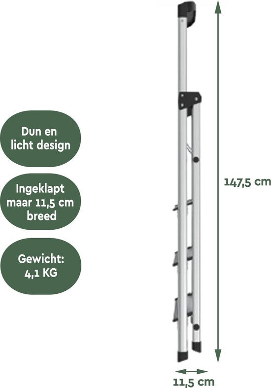 BRASQ Huishoudtrap 4 -treden Zilver - keukentrap inklapbaar aluminium voor Particulier en professioneel gebruik - Trap Ladder - Anti slip