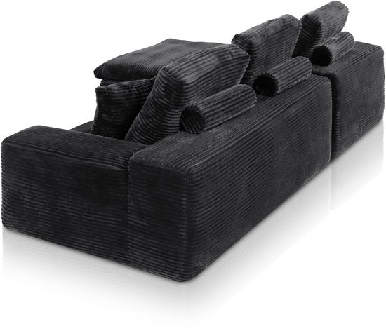 Popsofa Lazy Hoekbank - Velvet Ribstof - 98 x 253 x 80 cm - Zwart