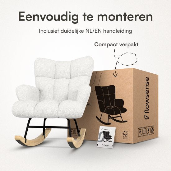 Flowsense Schommelstoel Teddy Wit - Schommelstoel Volwassenen Baby - Voedingsstoel Stoel Babykamer - Fauteuil met Armleuning Design - Relaxstoel - Relaxfauteuil