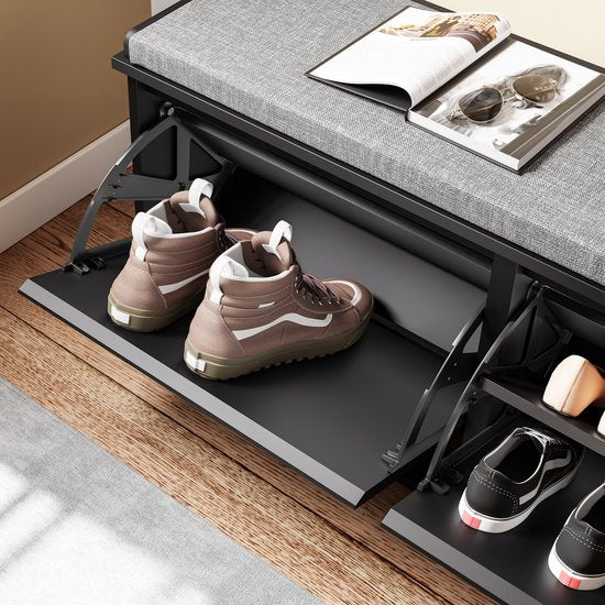 SoBuy Schoenenbank met Gevoerd Kussen - Schoenenkast met 2 Kleppen - Opbergkast voor schoenen - Zwart, 100x26x46 cm, FSR98-XL-SCH